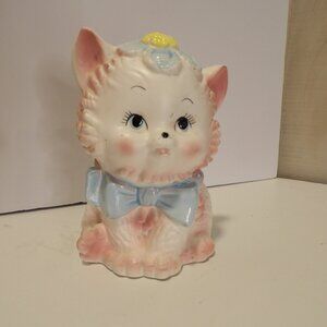 +Vintage Lark Japan 6" Ceramic Kitten Kitty Cat Planter Blue Bow Flower Figurine